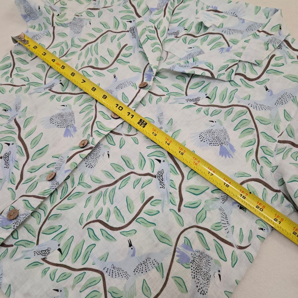 Cynthia Rowley Womens Blue Green Bird Print 100% Linen Camp Shirt Size M - Picture 8 of 8